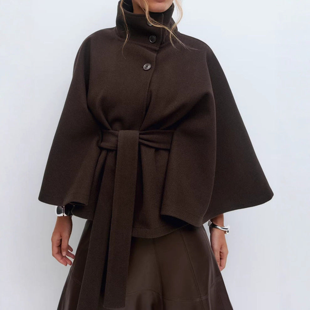 Manteau d'hiver à col montant et manches chauve-souris avec ceinture, trench-coat ample et élégant à boutons pour femme