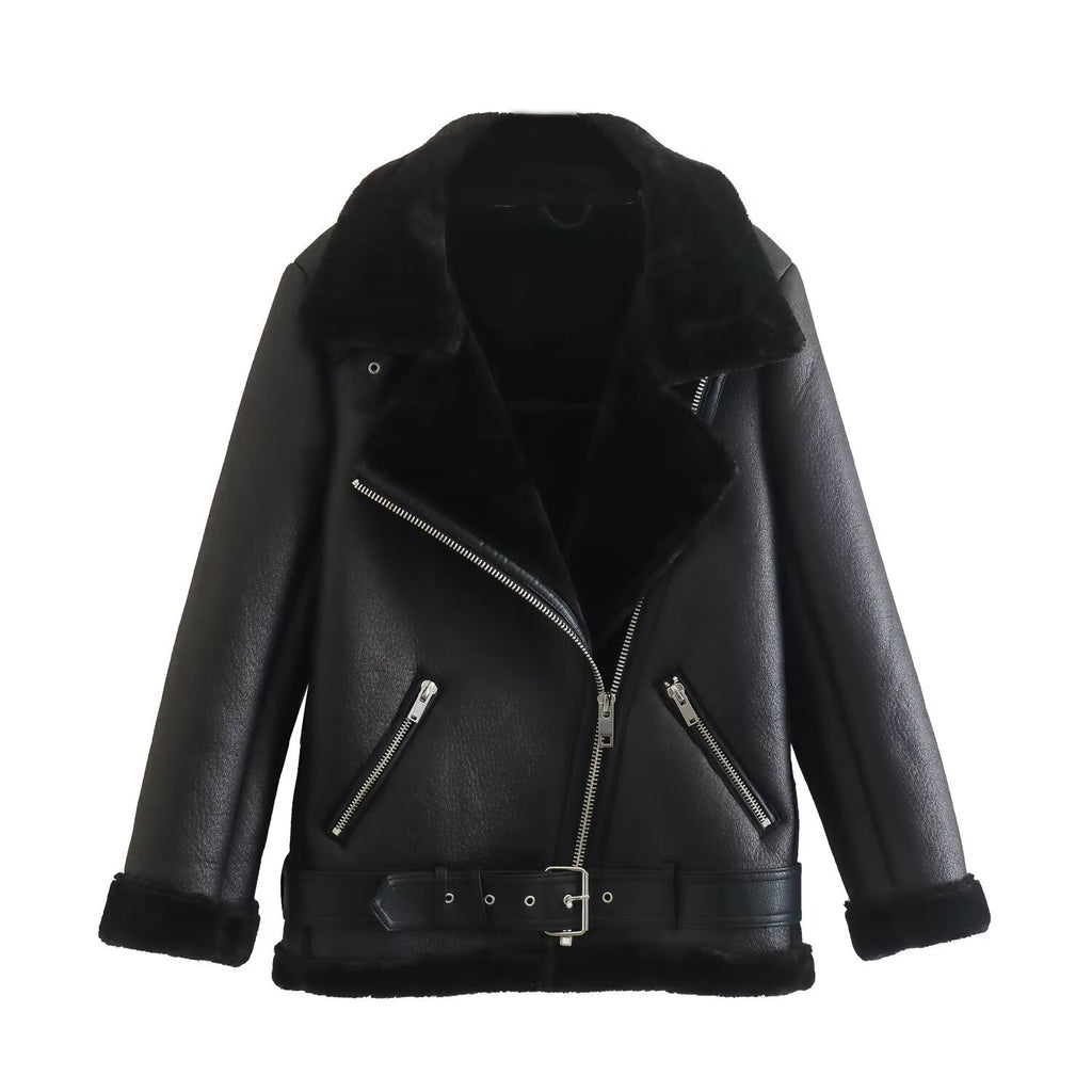 Manteau en cuir avec fourrure intégrée pour femme