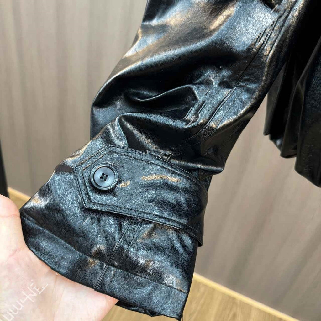 Veste en cuir PU à revers avec fermeture éclair et bouton, veste rembourrée en coton