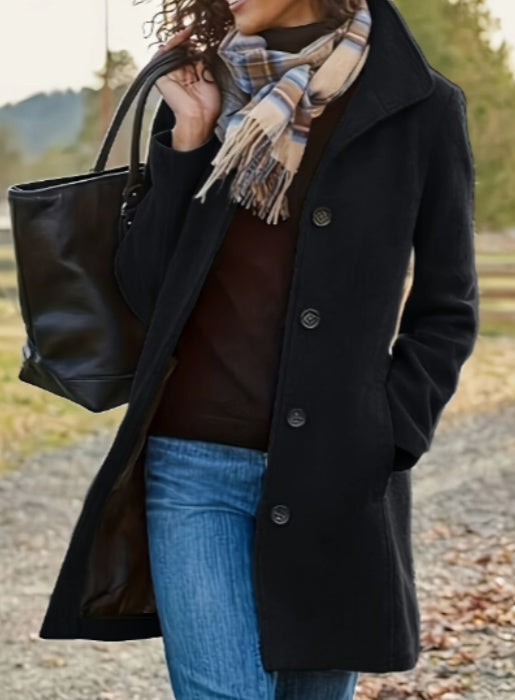 Manteau décontracté en tweed pour femme - Couleur unie, mi-long, silhouette en H, boutonné sur le devant, manches longues