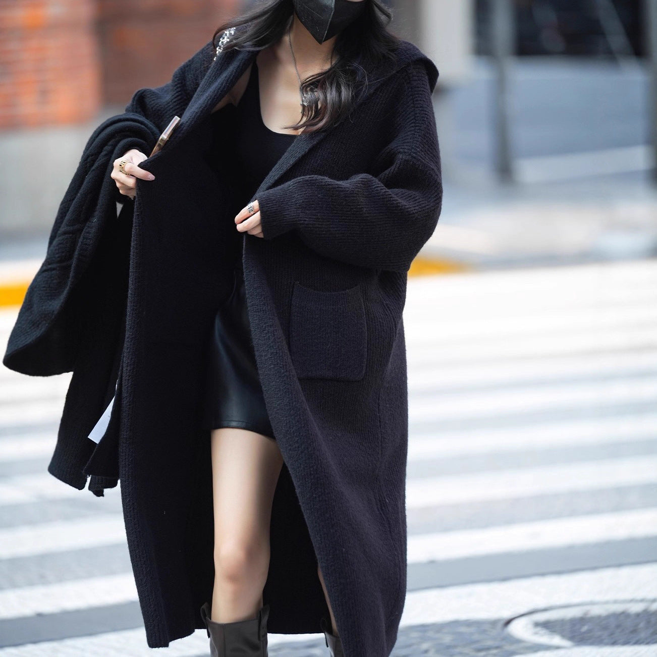 Cardigan long tricoté pour femme, pull à capuche, trench-coat