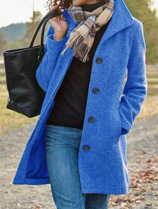 Manteau décontracté en tweed pour femme - Couleur unie, mi-long, silhouette en H, boutonné sur le devant, manches longues