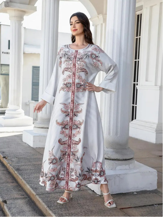 Elegant Floral Print Long Sleeve Abaya Dress
