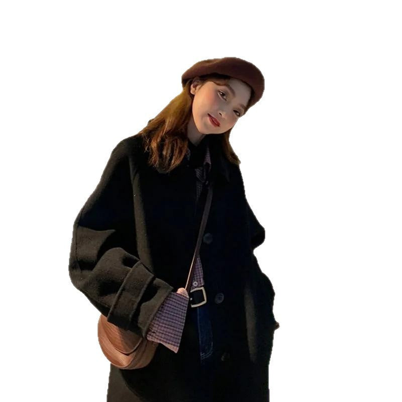 Manteau en laine noir style Hepburn pour femme, automne et hiver