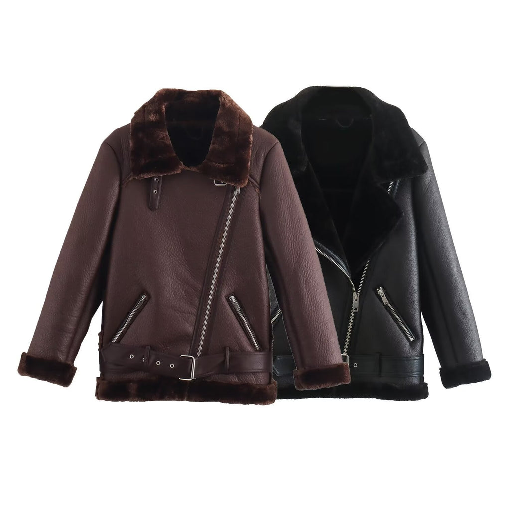 Manteau en cuir avec fourrure intégrée pour femme