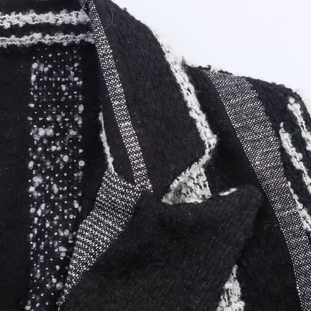 Manteau en laine rayé noir et blanc élégant pour femme de style européen et américain de style français