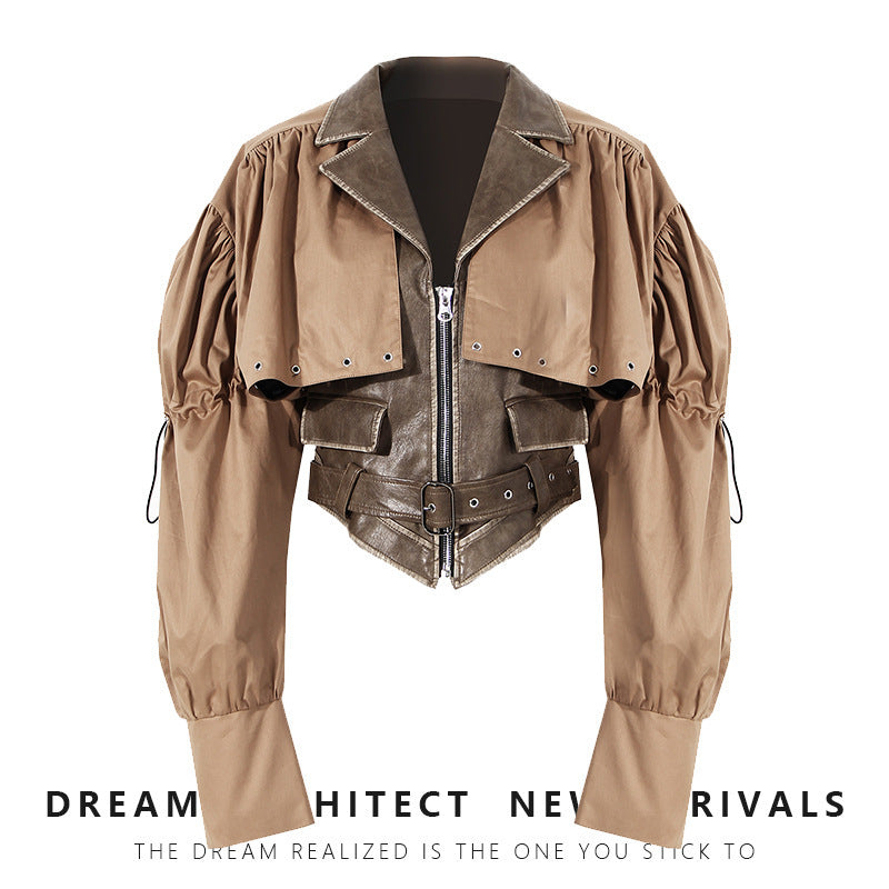 Manteau deux pièces au design de niche, cape cousue en PU, belle veste moulante à la taille