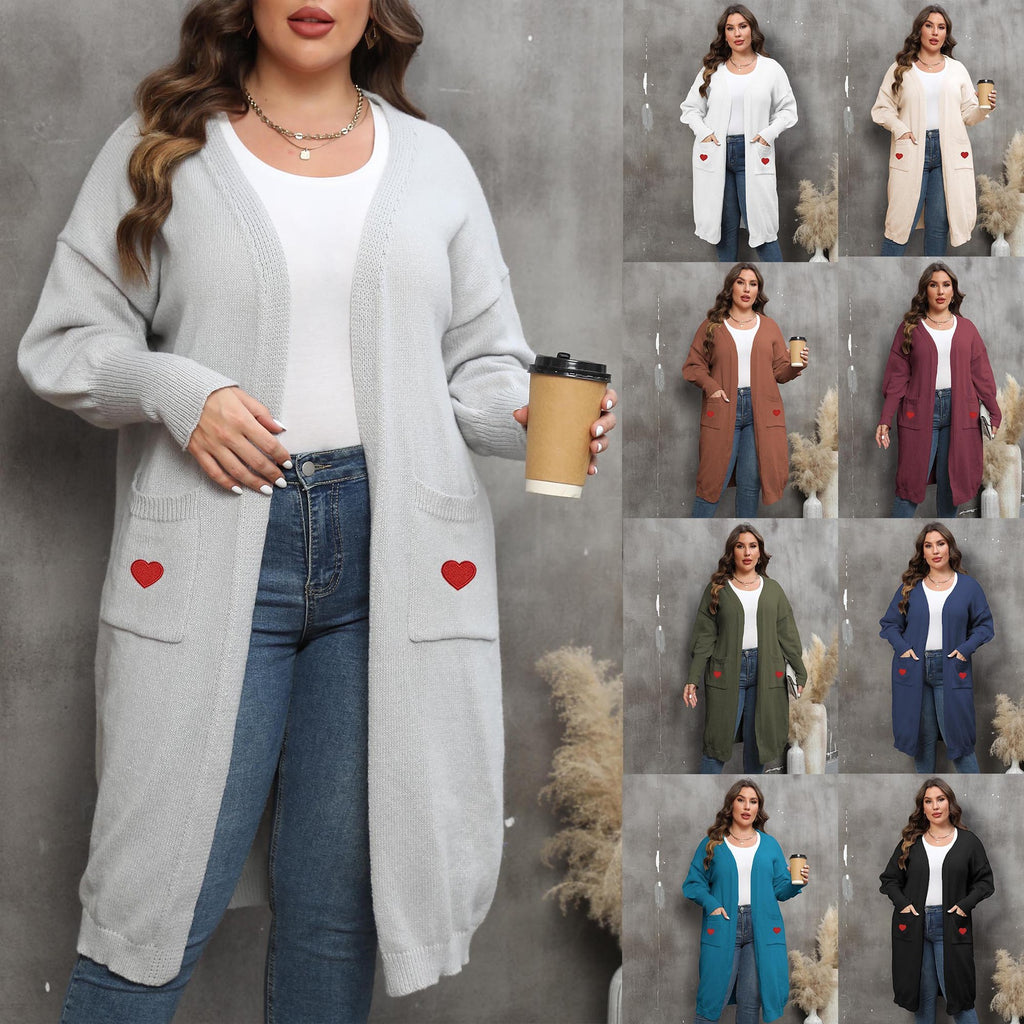 Cardigan mi-long tissé Love pour femme, grande taille, à double poche et manches lanternes