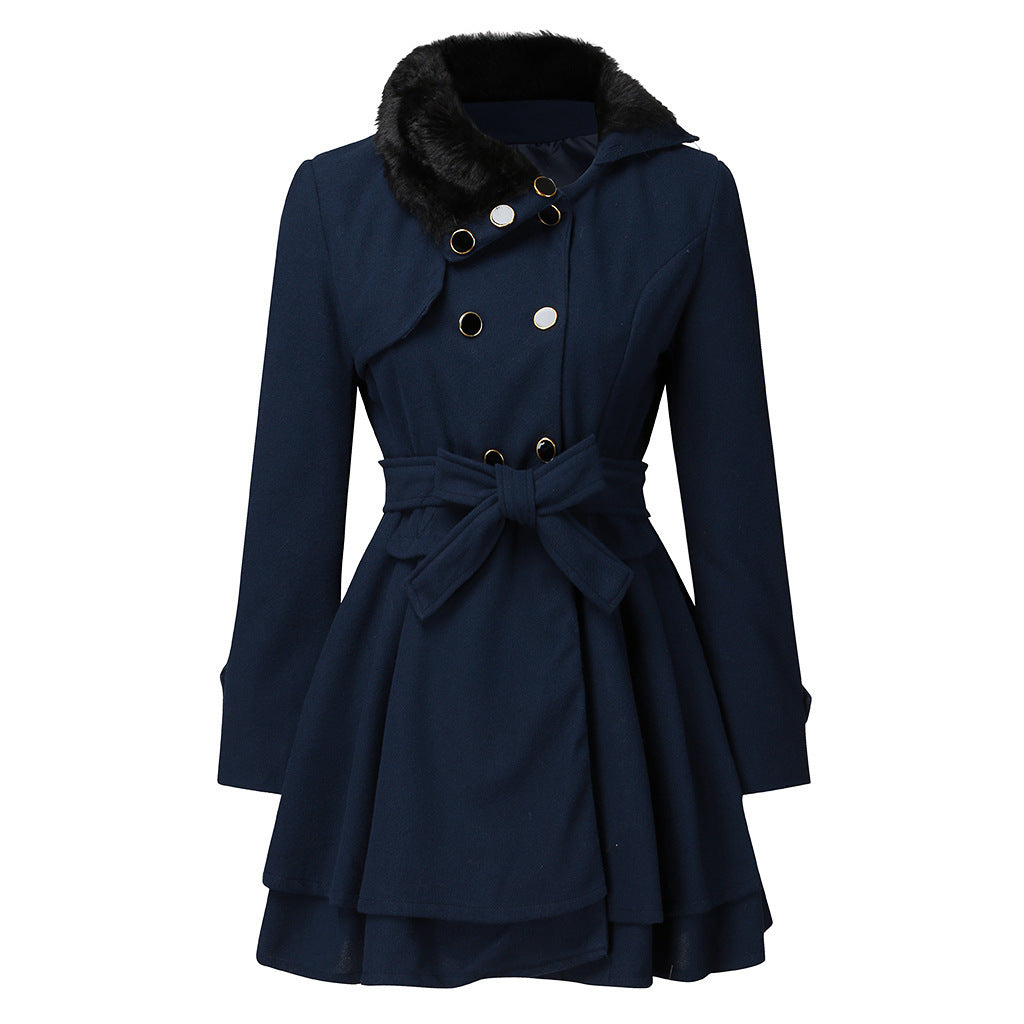 Manteau à col en fourrure pour femme, trench-coat croisé avec grande jupe