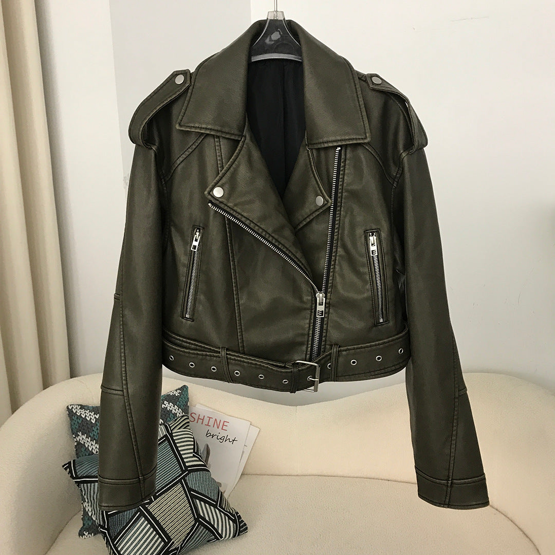 Veste de moto en cuir délavé bicolore pour femme, style européen et américain, printemps et automne
