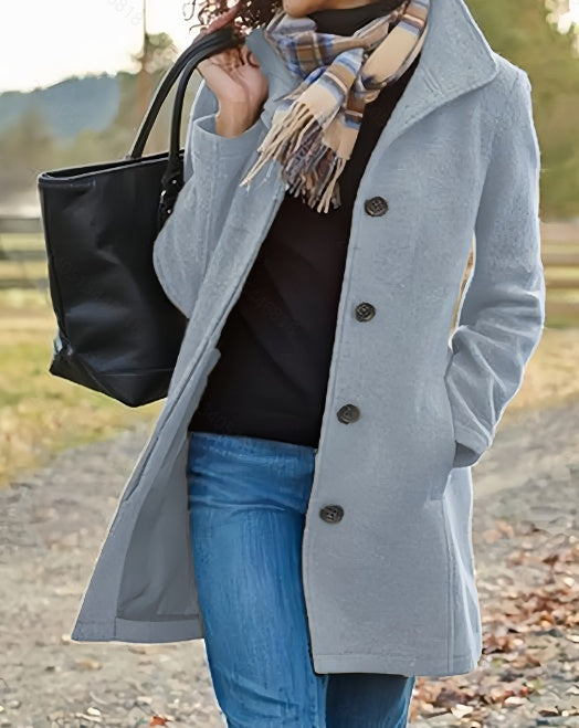 Manteau décontracté en tweed pour femme - Couleur unie, mi-long, silhouette en H, boutonné sur le devant, manches longues