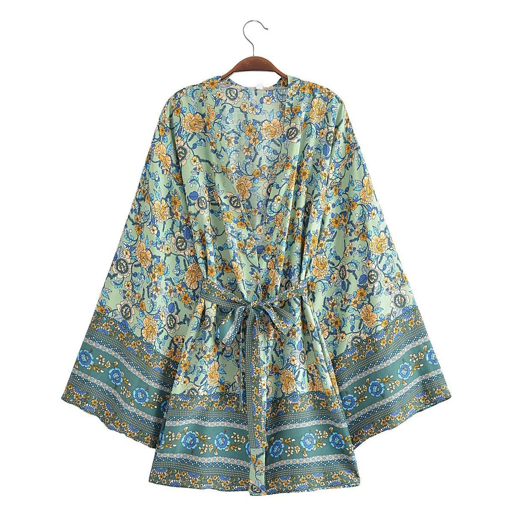 Cardigan veste kimono à ceinture et imprimé bohème en rayonne