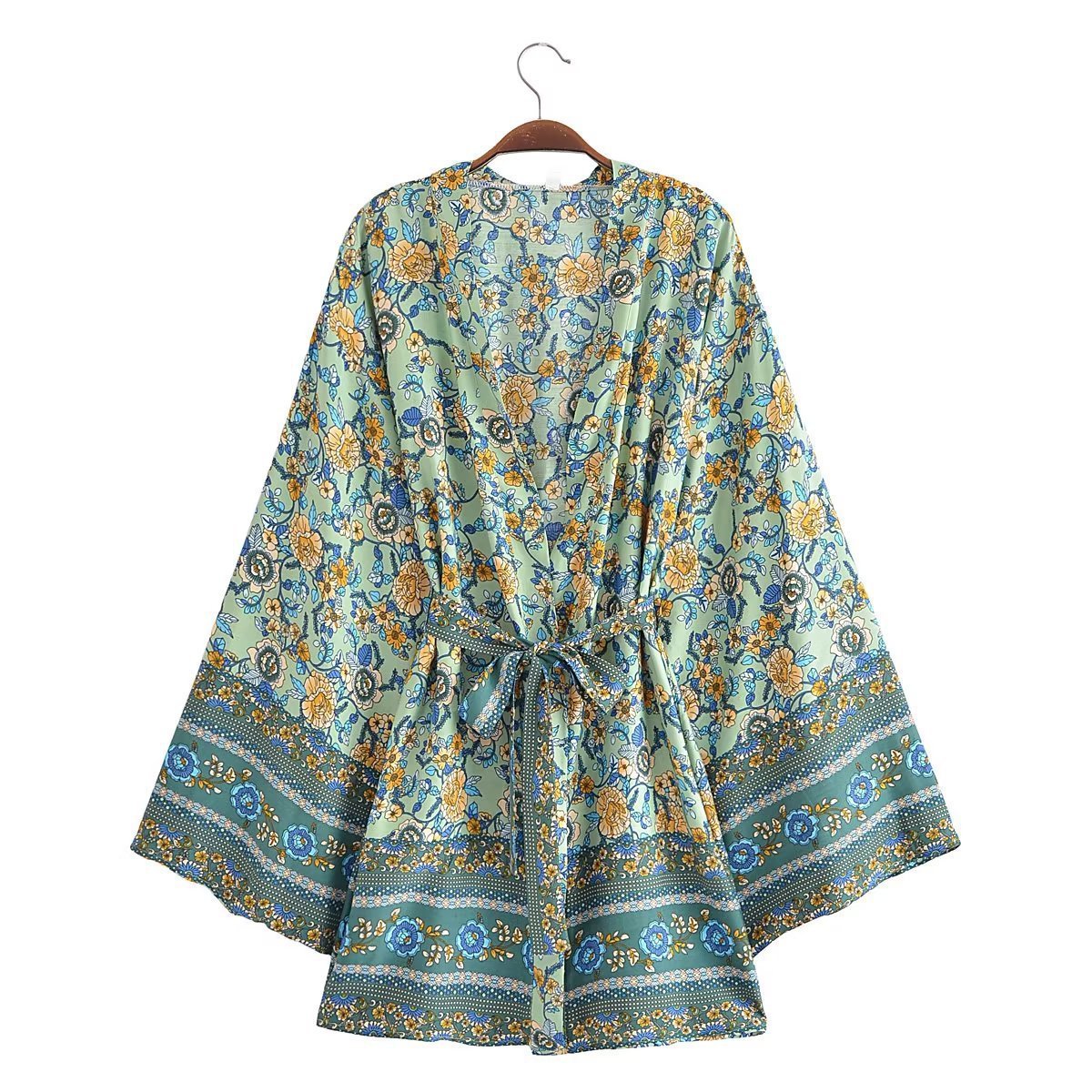 Cardigan veste kimono à ceinture et imprimé bohème en rayonne