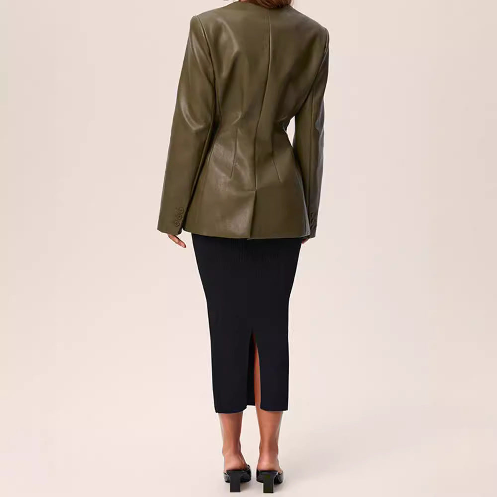 Manteau en cuir slim vert élégant à col en V