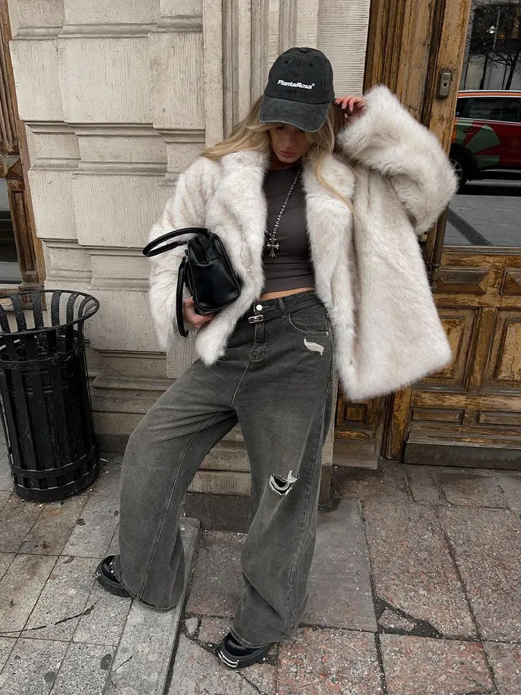 Manteau en fausse fourrure à revers tendance et chaud