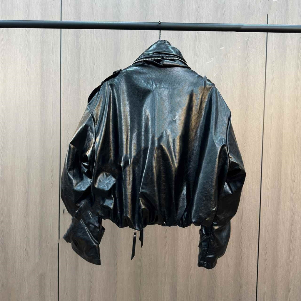 Veste en cuir PU à revers avec fermeture éclair et bouton, veste rembourrée en coton