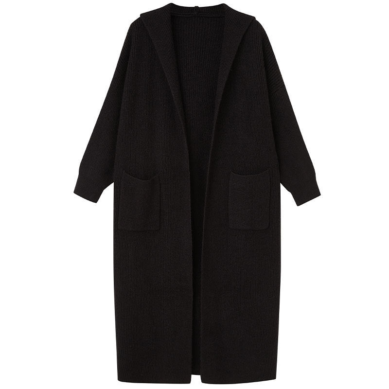 Cardigan long tricoté pour femme, pull à capuche, trench-coat