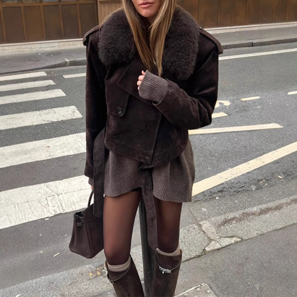 Veste de moto confortable et ample à manches longues en daim à revers