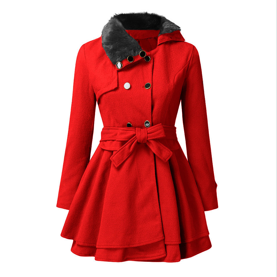 Manteau à col en fourrure pour femme, trench-coat croisé avec grande jupe
