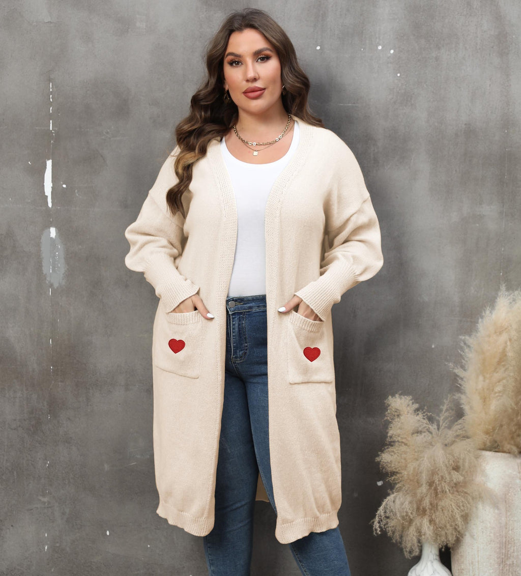Cardigan mi-long tissé Love pour femme, grande taille, à double poche et manches lanternes