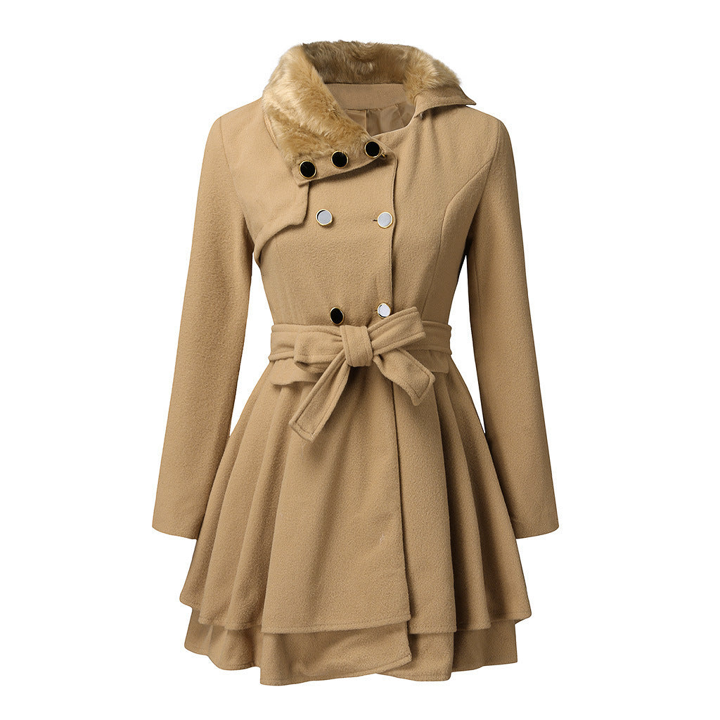 Manteau à col en fourrure pour femme, trench-coat croisé avec grande jupe