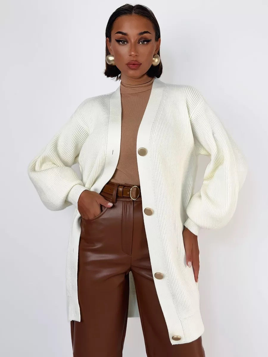 Cardigan tricoté polyvalent et décontracté à col en V, de couleur unie, style européen et américain, pour le début de l'automne