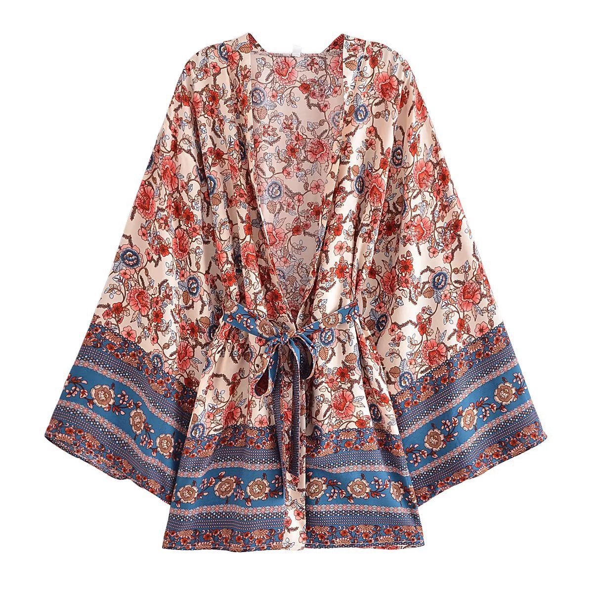 Cardigan veste kimono à ceinture et imprimé bohème en rayonne