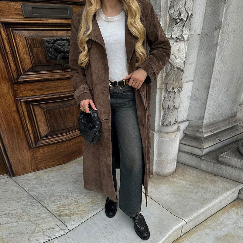 Trench-coat long à lacets et taille ajustée, élégant manteau croisé pour femme