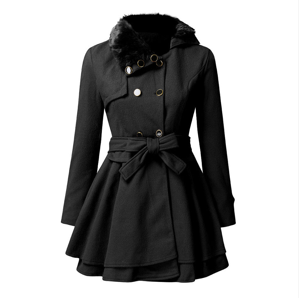 Manteau à col en fourrure pour femme, trench-coat croisé avec grande jupe