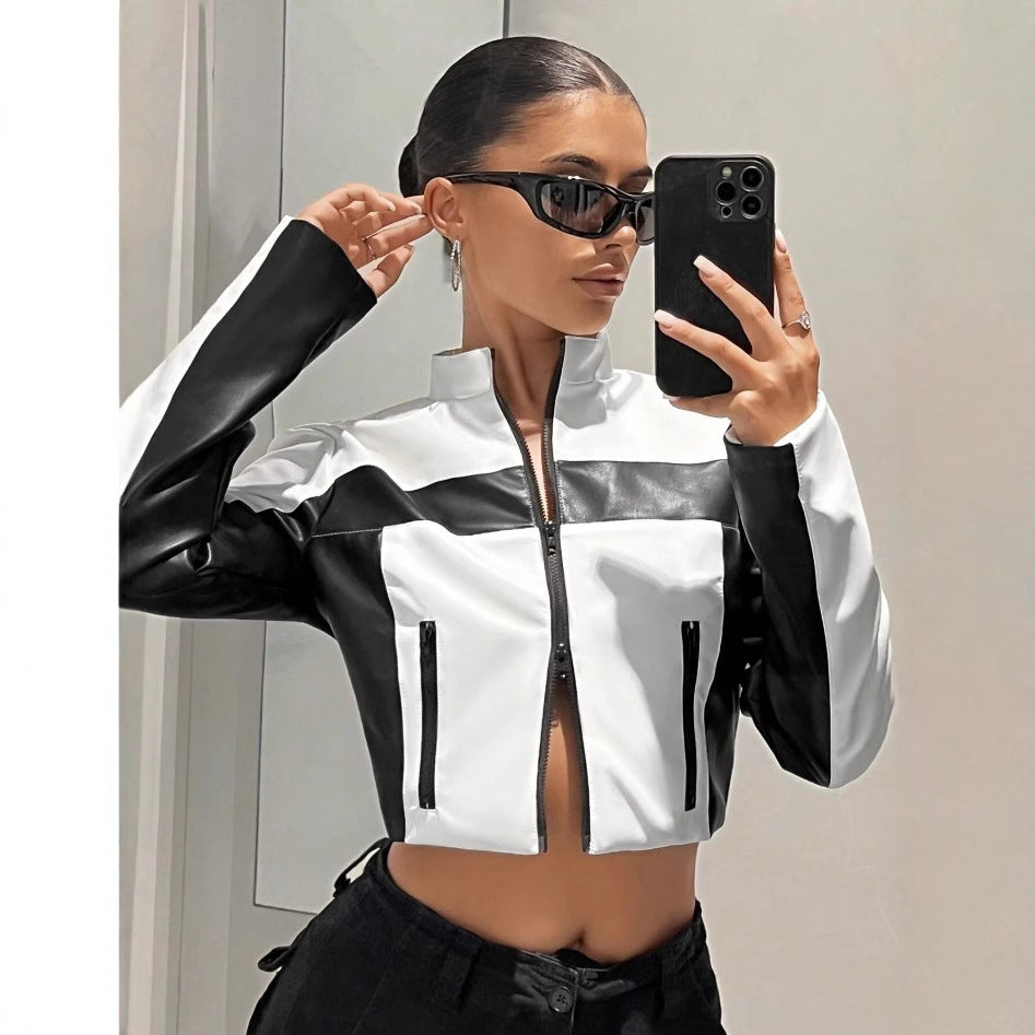 Manteau en cuir noir et blanc contrasté pour femme, veste courte et slim à fermeture éclair