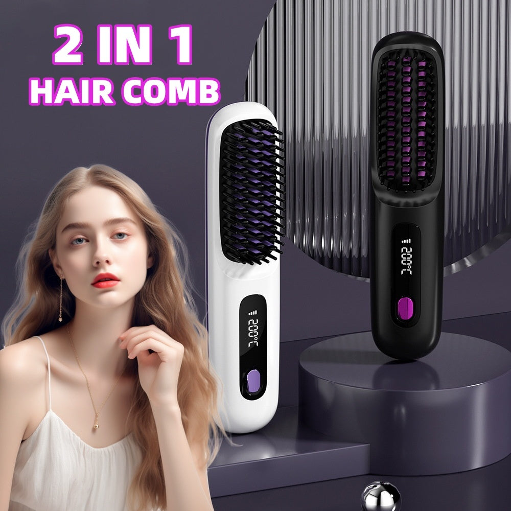 Peigne à cheveux lisses 2 en 1, brosse lissante sans fil, chauffage rapide, boucleur chauffant portable, chargement USB