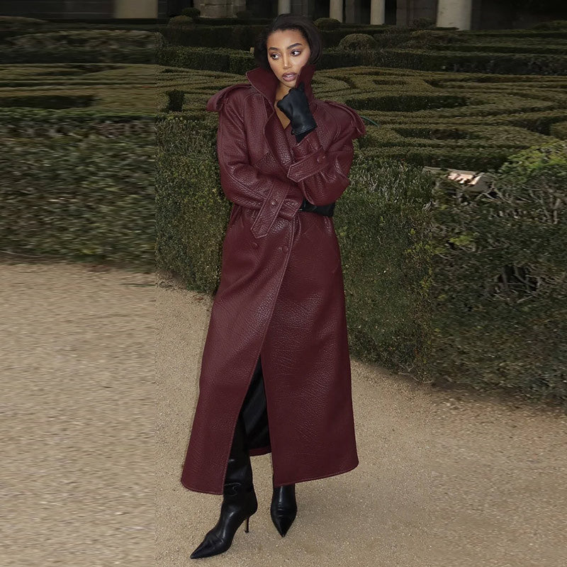 Manteau en cuir élégant et long pour femme, vêtement d'automne et d'hiver