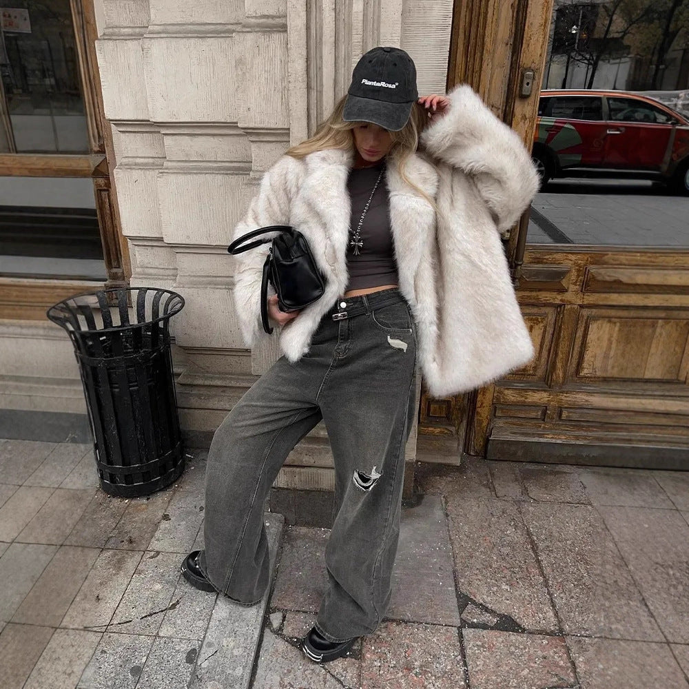 Manteau en fausse fourrure à revers tendance et chaud