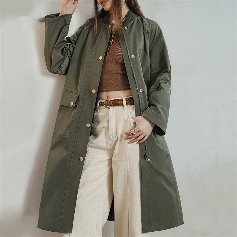 Trench-coat rétro vert olive mi-long ample pour femme