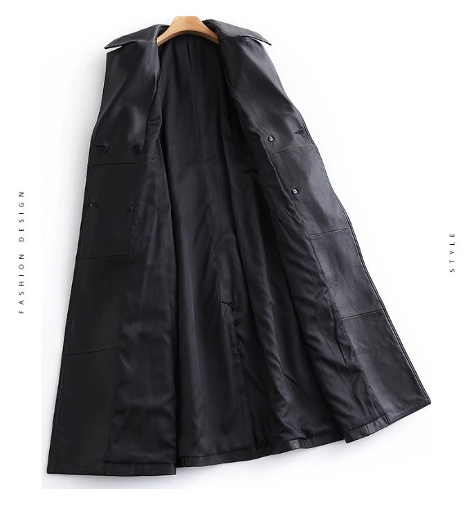 Coupe-vent croisé en cuir noir à longue cravate