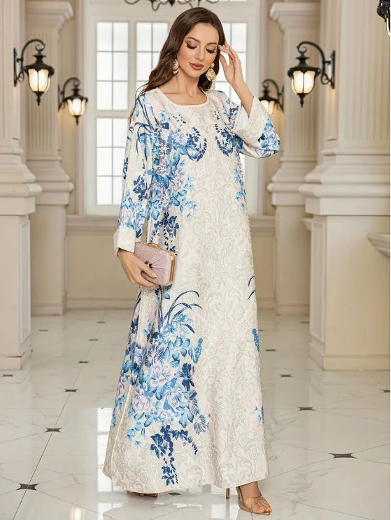 Elegant Floral Print Long Sleeve Abaya Dress