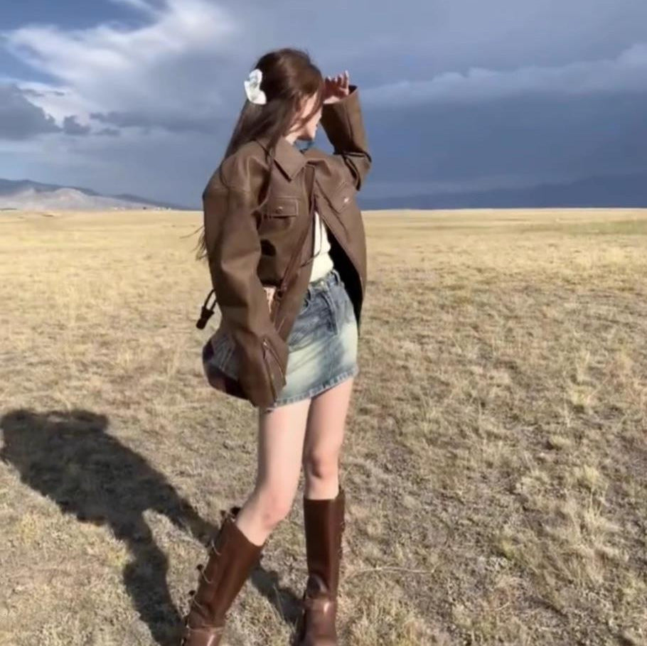 Manteau ample en cuir de couleur unie, style rétro américain décontracté pour femme