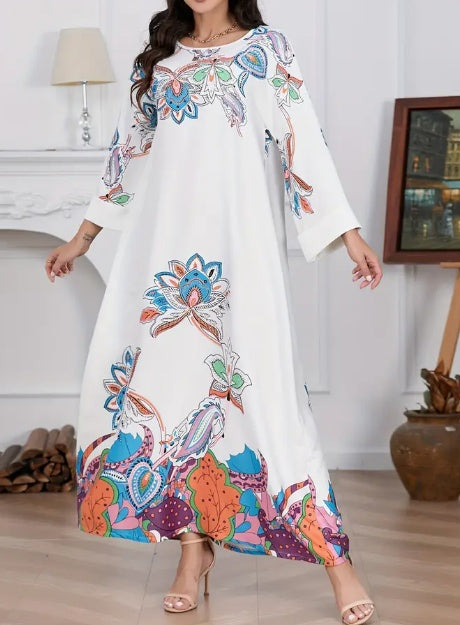 Elegant Floral Print Long Sleeve Abaya Dress
