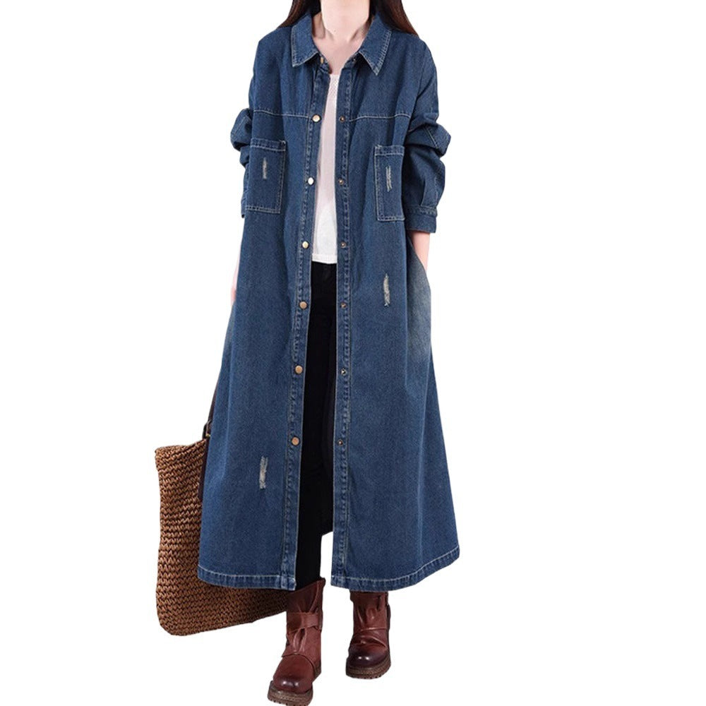 Trench-coat en jean ample style rétro mi-long