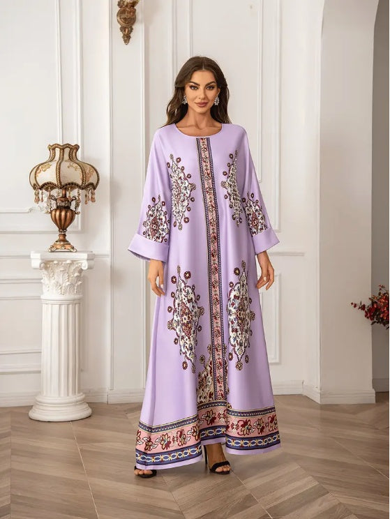 Elegant Floral Print Long Sleeve Abaya Dress