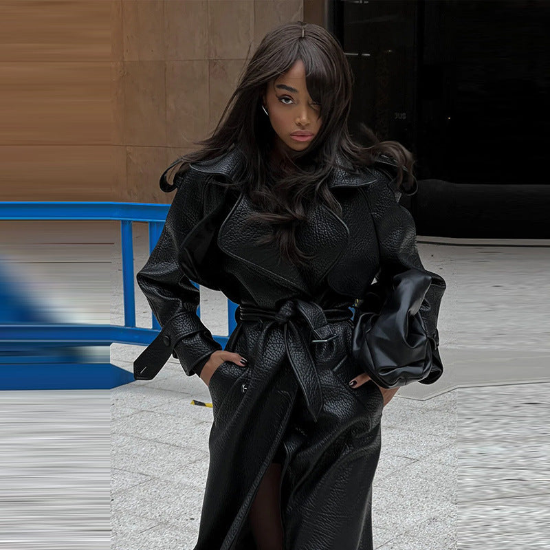Manteau en cuir élégant et long pour femme, vêtement d'automne et d'hiver