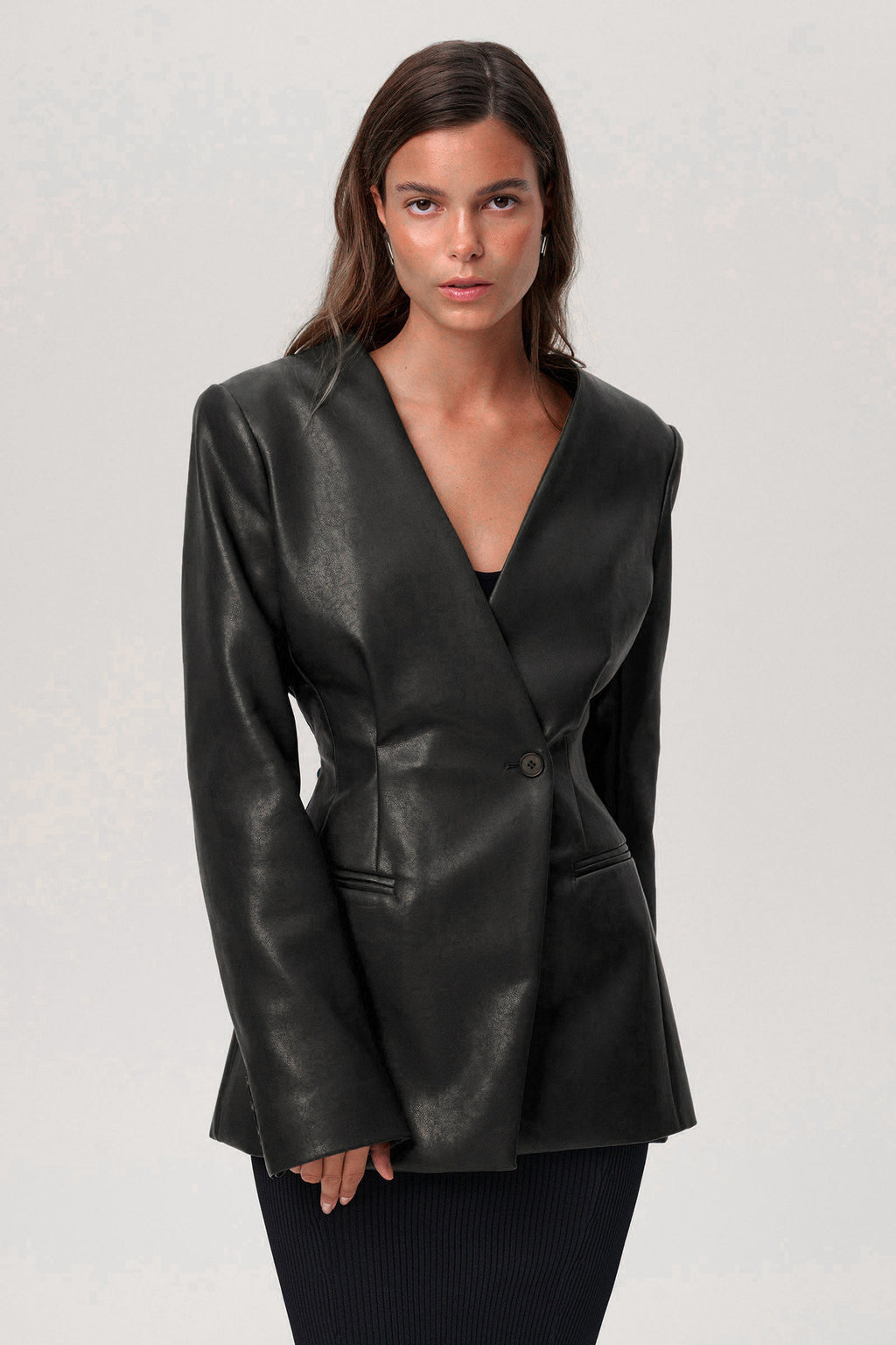 Manteau en cuir slim vert élégant à col en V