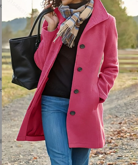 Manteau décontracté en tweed pour femme - Couleur unie, mi-long, silhouette en H, boutonné sur le devant, manches longues