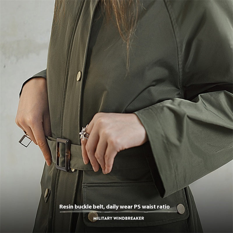 Trench-coat rétro vert olive mi-long ample pour femme