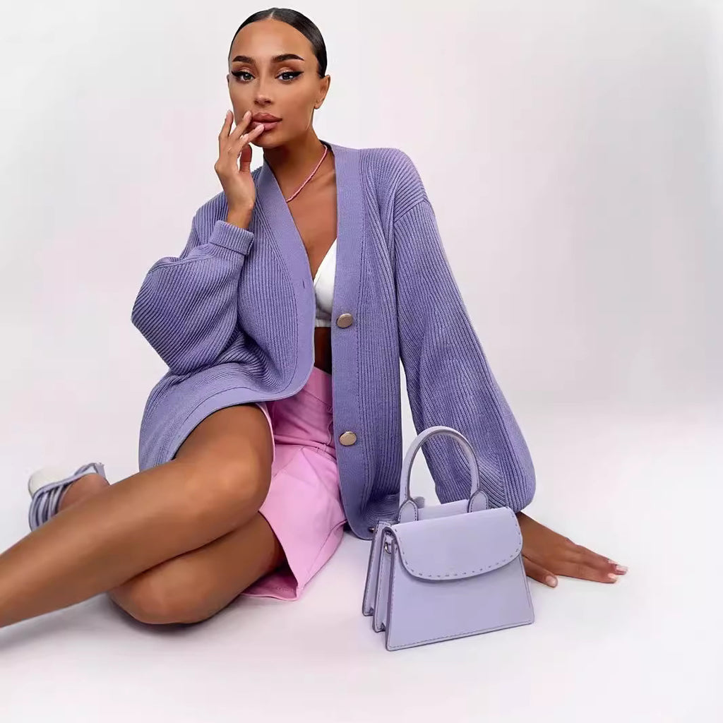 Cardigan tricoté polyvalent et décontracté à col en V, de couleur unie, style européen et américain, pour le début de l'automne