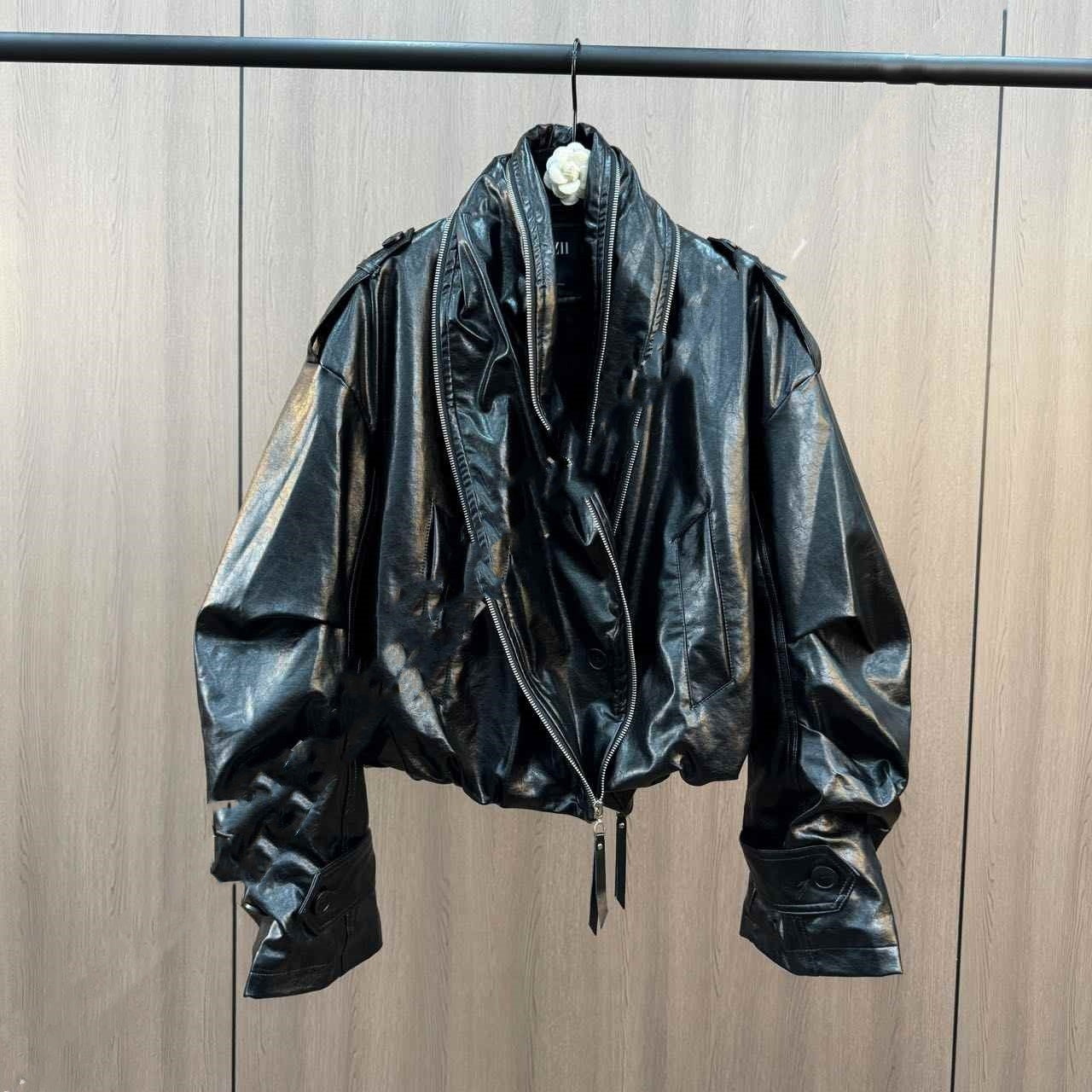 Veste en cuir PU à revers avec fermeture éclair et bouton, veste rembourrée en coton