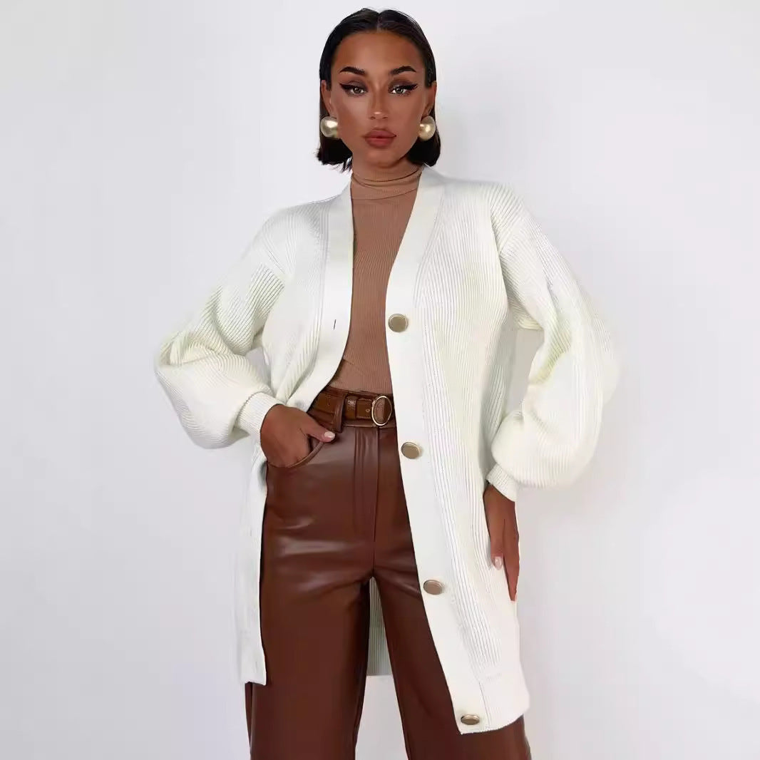 Cardigan tricoté polyvalent et décontracté à col en V, de couleur unie, style européen et américain, pour le début de l'automne