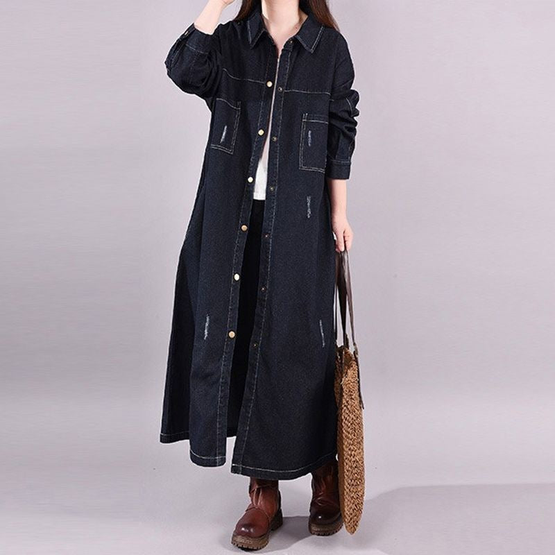 Trench-coat en jean ample style rétro mi-long