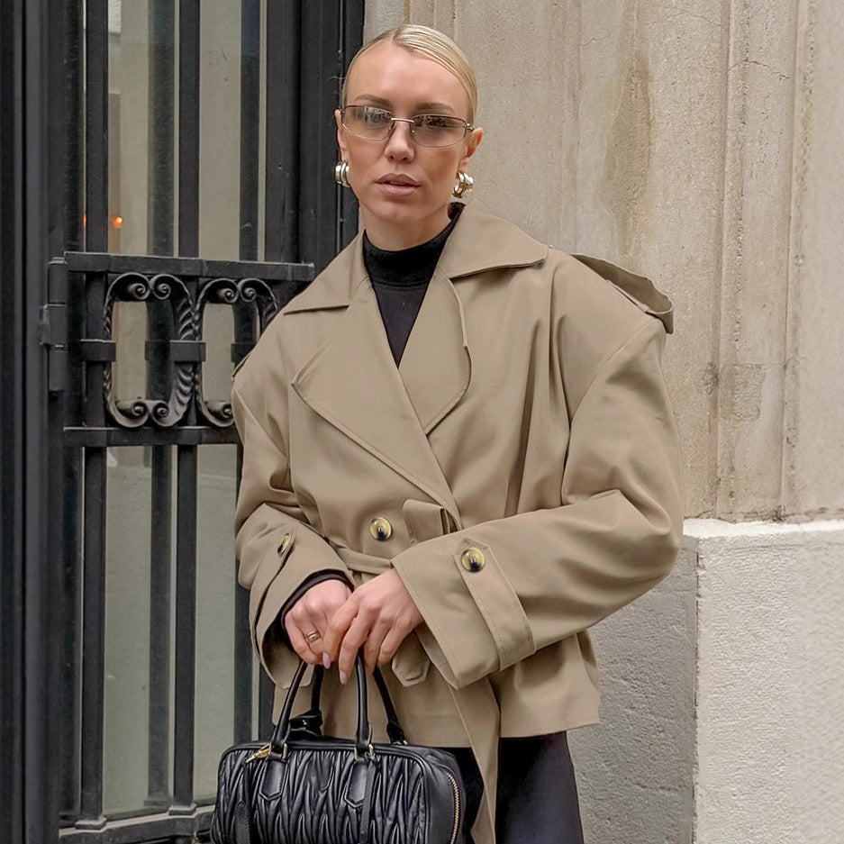 Trench-coat mi-long kaki tendance et décontracté à lacets pour femme